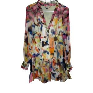 ✨🎨 ALEXIS Multicolor Abstract Ruffle Peplum V-Neck Mini Dress‎ XS 🎨✨